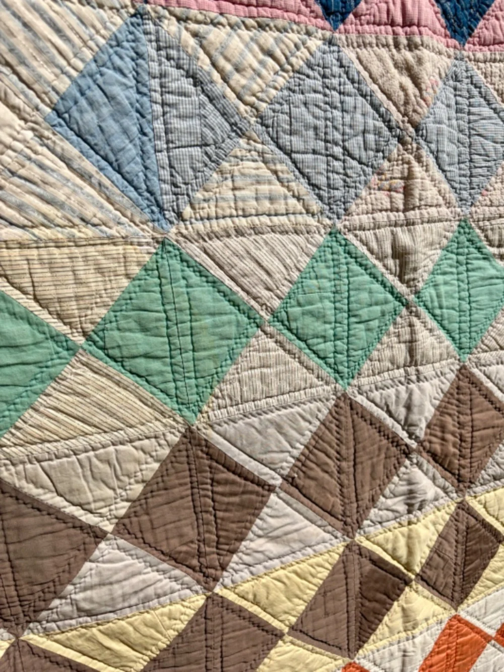 Vintage 1950s Patchwork Quilt 62 x 82, Handmade Hand Quilted Diamond Quilt